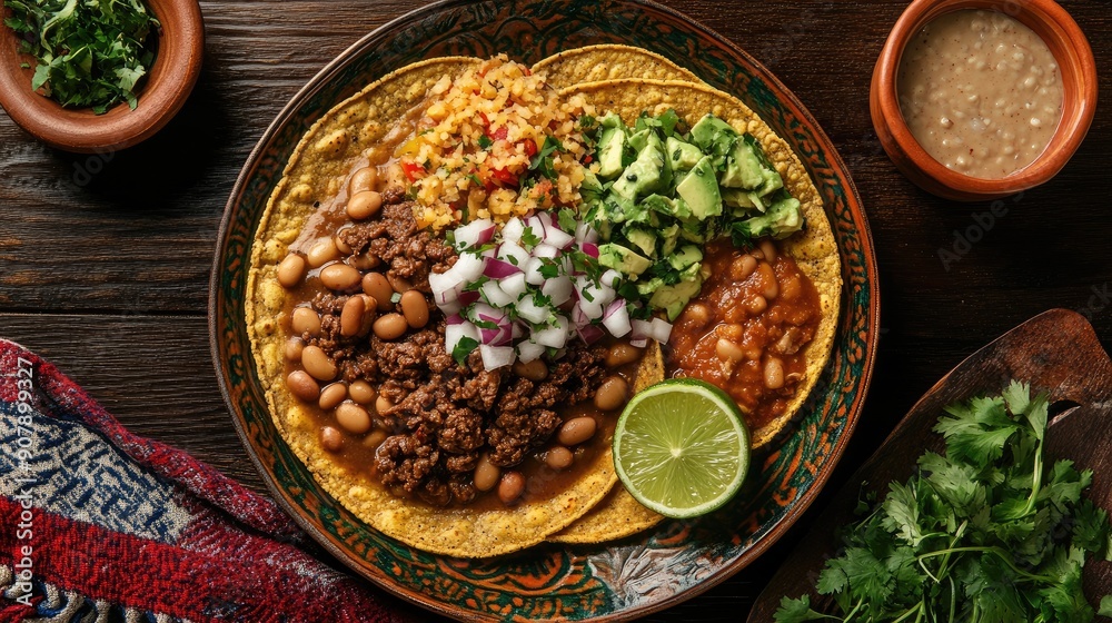 A delicious plate of Mexican huaraches with beans, meat, and fresh toppings, viewed from above. A delicious plate of Mexican huaraches with beans, meat, and fresh toppings, viewed from above.