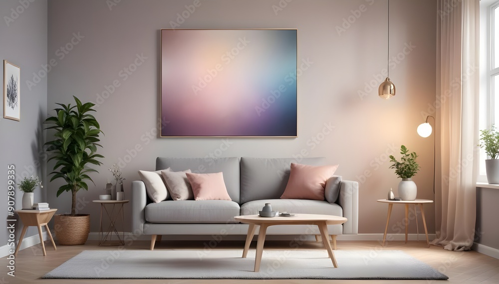 Scandinavian style home interior design of the modern living room showcases an armchair and a sofa against a grey wall with a poster, creating a harmonious and inviting atmosphere