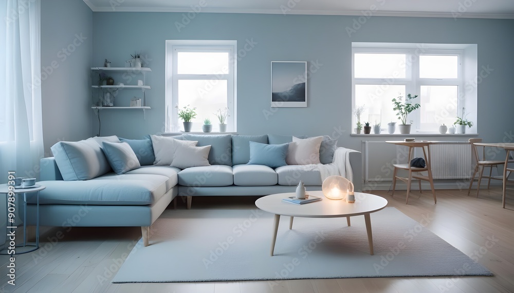 Scandinavian style home interior design of the modern living room incorporates a grey sofa, adding simplicity and elegance to the space Scandinavian style home interior design of the modern living room incorporates a grey sofa, adding simplicity and elegance to the space
