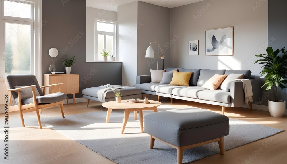 Scandinavian style home interior design of the modern living room incorporates a grey sofa, adding simplicity and elegance to the space Scandinavian style home interior design of the modern living room incorporates a grey sofa, adding simplicity and elegance to the space