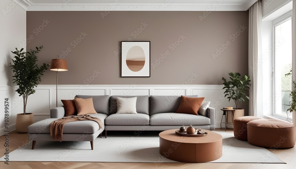 Scandinavian style home interior design of the modern living room incorporates a grey sofa, adding simplicity and elegance to the space Scandinavian style home interior design of the modern living room incorporates a grey sofa, adding simplicity and elegance to the space