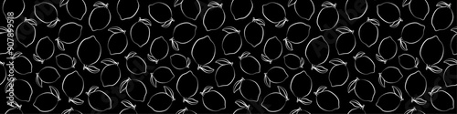 Seamless background with lemons. Outline drawings of lemons with leaves. Line drawing. Endless background. Citrus fruit pattern, textile, art, lemons