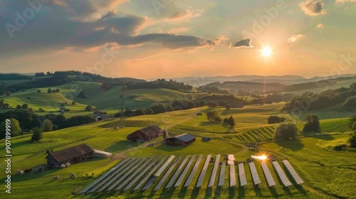A dairy farm with a lot of agricultural land in the top view. Install solar panels to create electricity, give cows shade, and lessen heat exhaustion