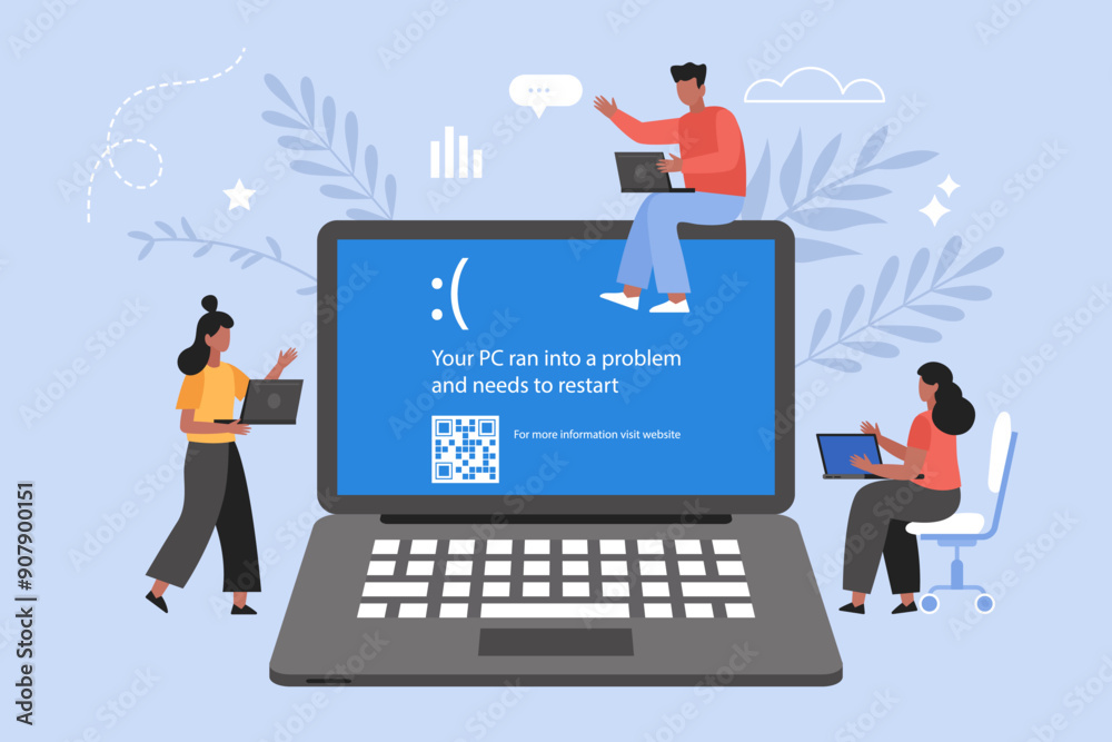 Blue Screen of Death, BSOD system error concept. Modern vector illustration of people business team looking on laptop computer Blue Screen of Death, BSOD system error concept. Modern vector illustration of people business team looking on laptop computer