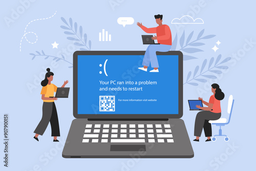 Blue Screen of Death,  BSOD system error concept. Modern vector illustration of people business team looking on laptop computer