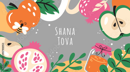 Jewish holiday Rosh Hashanah banner design with honey, apple and pomegranate. Greeting card template background. Hebrew text : Happy New Year