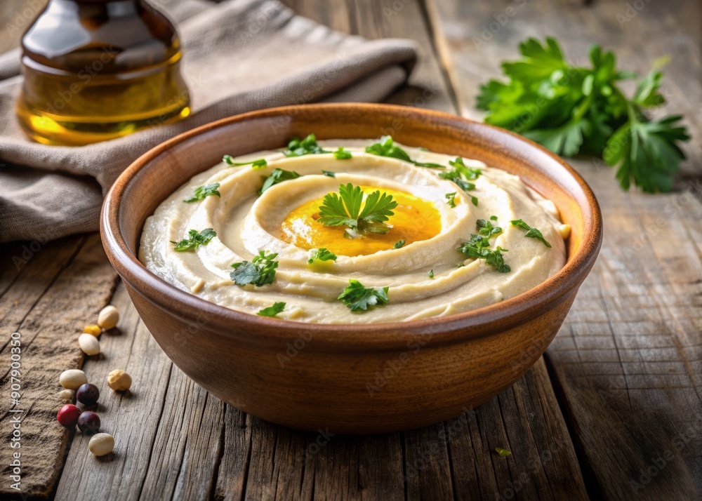 Freshly made creamy hummus garnished with parsley and drizzled with olive oil, served in a rustic bowl on a weathered grey table. Freshly made creamy hummus garnished with parsley and drizzled with olive oil, served in a rustic bowl on a weathered grey table.
