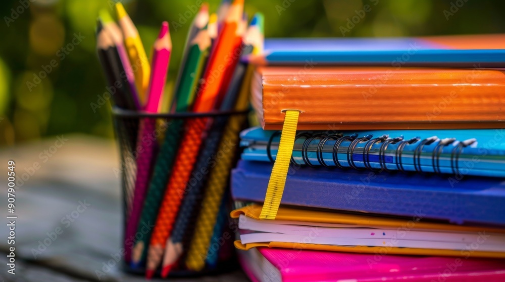 Colorful Pencils and Stack of Notebooks. Colorful Pencils and Stack of Notebooks.