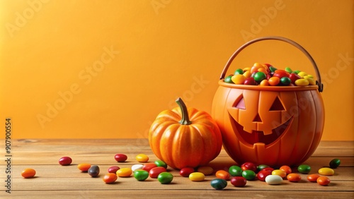 A vibrant Halloween banner features a beige background, spooky orange pumpkin, and candy bucket overflowing with jelly beans, perfect for modern fall holiday decor and posters. photo