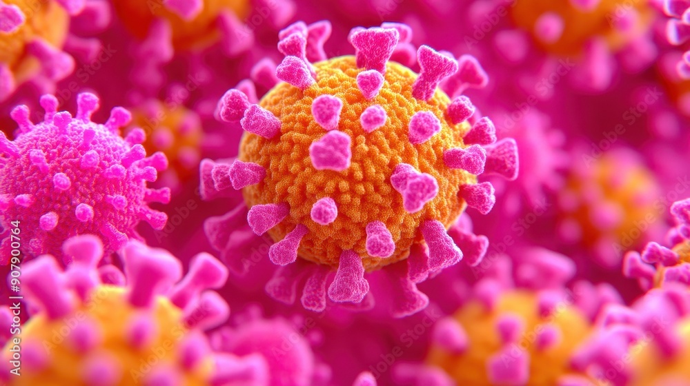 Close-up view of a virus structure, showcasing vibrant colors and intricate details of its spikes and body. Close-up view of a virus structure, showcasing vibrant colors and intricate details of its spikes and body.