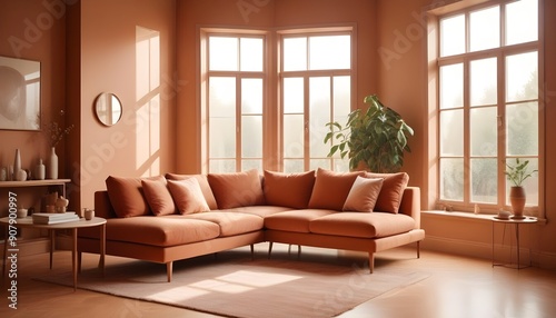 Scandinavian interior design of a modern living room with a cozy terracotta fabric corner sofa near a window