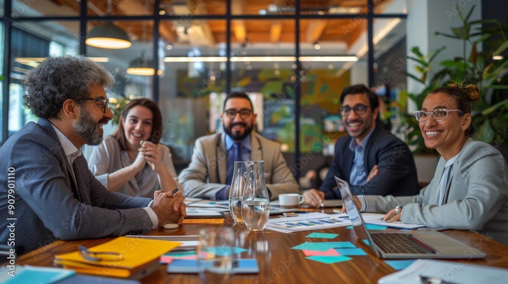 A diverse team of workers brainstorms in a meeting room, highlighting the collaborative spirit within offices during Labor Day A diverse team of workers brainstorms in a meeting room, highlighting the collaborative spirit within offices during Labor Day