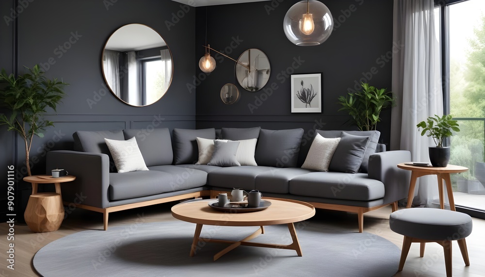 Scandinavian style home interior design of a modern living room with a grey chair and round coffee table near a corner sofa against a dark grey paneling wall Scandinavian style home interior design of a modern living room with a grey chair and round coffee table near a corner sofa against a dark grey paneling wall