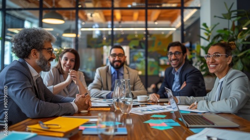 A diverse team of workers brainstorms in a meeting room, highlighting the collaborative spirit within offices during Labor Day