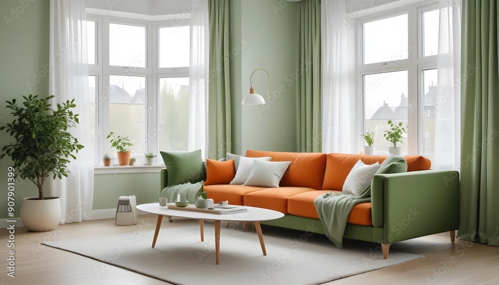 Scandinavian style home interior design of a modern living room with a cozy sofa with orange cushions near a white wall with curtains against a window Scandinavian style home interior design of a modern living room with a cozy sofa with orange cushions near a white wall with curtains against a window
