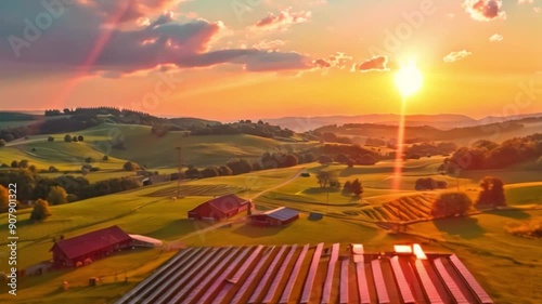 A dairy farm with a lot of agricultural land in the top view. Install solar panels to create electricity, give cows shade, and lessen heat exhaustion photo