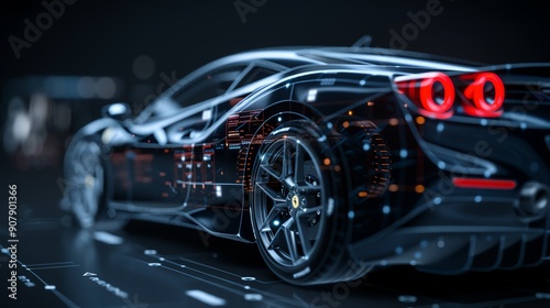 Futuristic sports car with sleek design and advanced technology, capturing the essence of speed and innovation in a dark, tech-inspired setting.