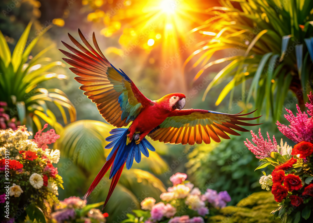 Vibrant colorful parrot spreads wings in mid-flight amidst lush tropical flowers, warm sunlight, intricate feathers, and stunning floral backdrop, exuding natural beauty. Vibrant colorful parrot spreads wings in mid-flight amidst lush tropical flowers, warm sunlight, intricate feathers, and stunning floral backdrop, exuding natural beauty.