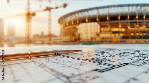 Blueprints and pen on a desk with stadium construction in the background, highlighted by a sunset and cranes in the distance.