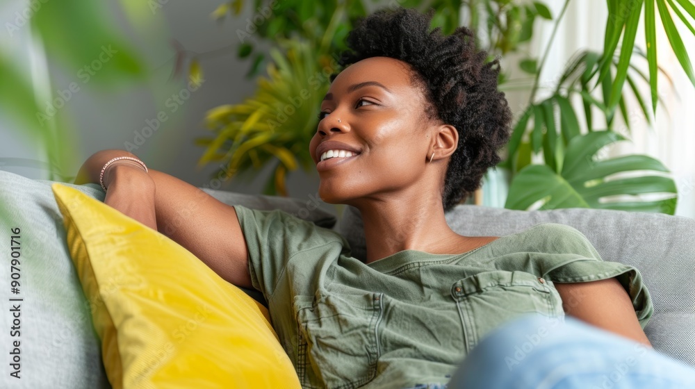 Tired, joyful, or black woman on sofa in living room has head on hand for sleep or nap. Close eyes, smile, or relax African person on couch in apartment or residence for tranquility. Tired, joyful, or black woman on sofa in living room has head on hand for sleep or nap. Close eyes, smile, or relax African person on couch in apartment or residence for tranquility.