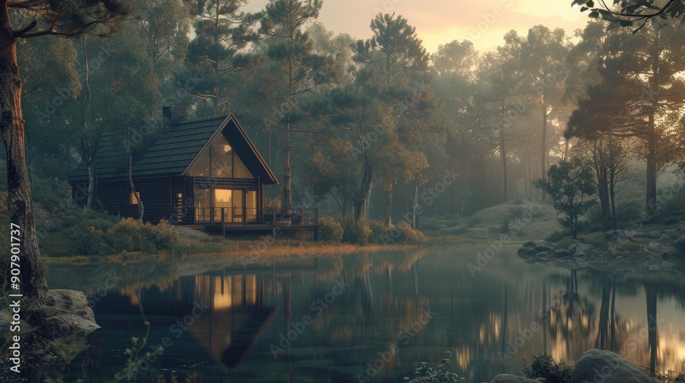Fototapeta premium Charming Cabin Amidst Lush Greenery and Still Waters