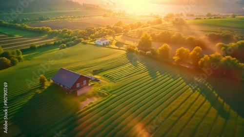 A dairy farm with a lot of agricultural land in the top view. Install solar panels to create electricity, give cows shade, and lessen heat exhaustion photo