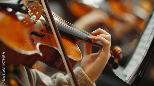 Closeup of a Violinist's Hand Playing a Violin. photo