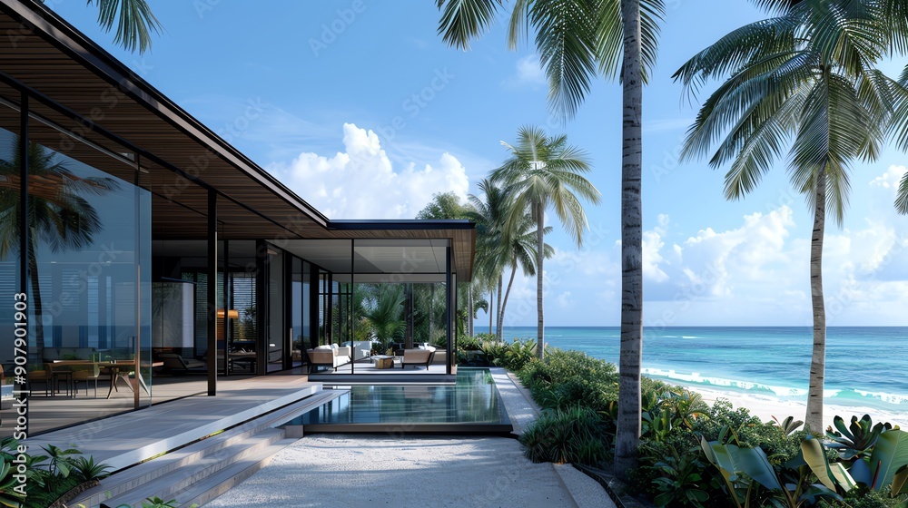 Fototapeta premium Luxurious modern beachfront villa with pool, surrounded by palm trees and overlooking a serene blue ocean under a bright, sunny sky.