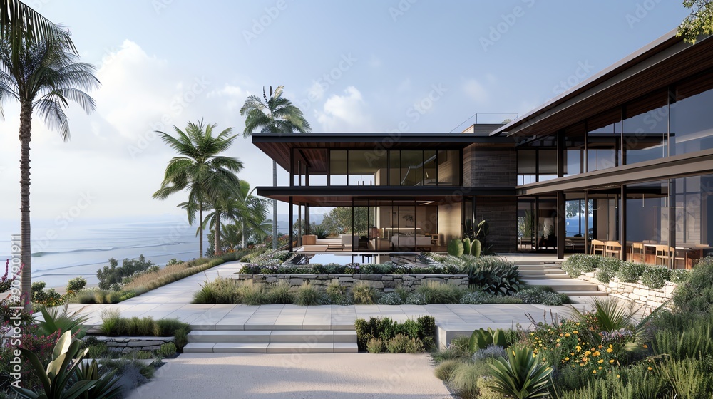 Modern luxury beachfront villa with palm trees and ocean view, featuring spacious outdoor areas, clean lines, and contemporary architecture. Modern luxury beachfront villa with palm trees and ocean view, featuring spacious outdoor areas, clean lines, and contemporary architecture.