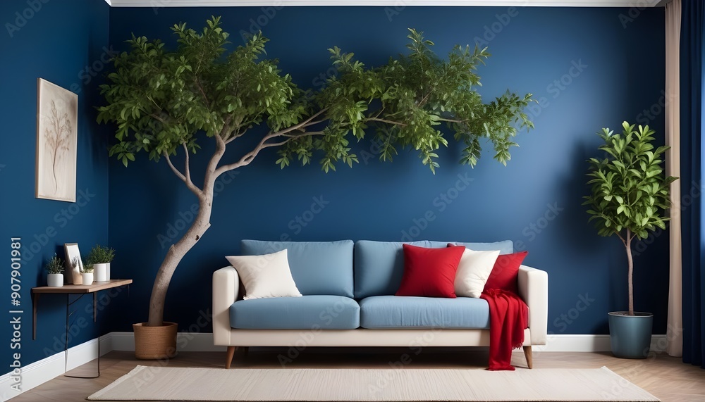 In a Scandinavian home interior design, a comfortable sofa and a potted tree adorn a living room with a blue wall and generous copy space In a Scandinavian home interior design, a comfortable sofa and a potted tree adorn a living room with a blue wall and generous copy space