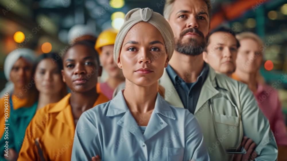 A diverse group of essential workers standing together with pride and determination, celebrating Labor Day