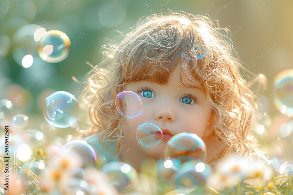 Enchanting portrait of a child with golden curls, surrounded by glowing bubbles in an ethereal outdoor setting. Enchanting portrait of a child with golden curls, surrounded by glowing bubbles in an ethereal outdoor setting.