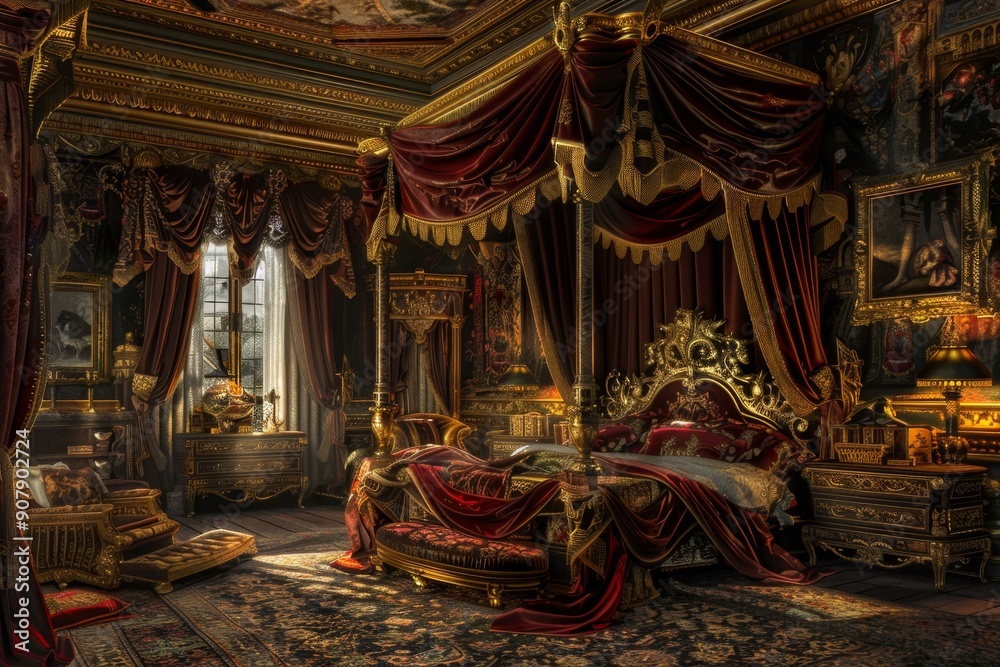 Fototapeta premium An opulent bedroom with a canopy bed draped in rich, textured fabrics, surrounded by ornate, gold-trimmed furniture