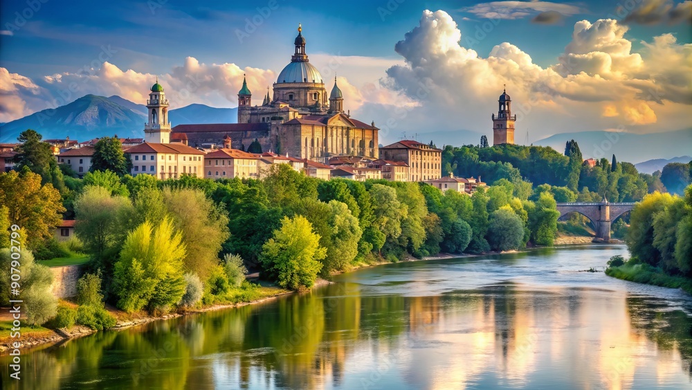 Panoramic view of the river Po and Basilica of Superga in Turin, Italy, Turin, Italy, Panorama, River Po, Basilica of Superga Panoramic view of the river Po and Basilica of Superga in Turin, Italy, Turin, Italy, Panorama, River Po, Basilica of Superga