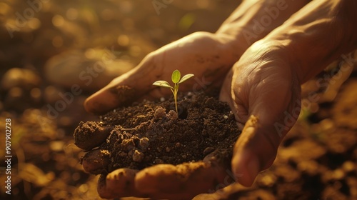 Businessperson holding seed plant and soil growing for environmental awareness or sustainable development in green enterprise. Growing organic tiny trees on Earth Day photo