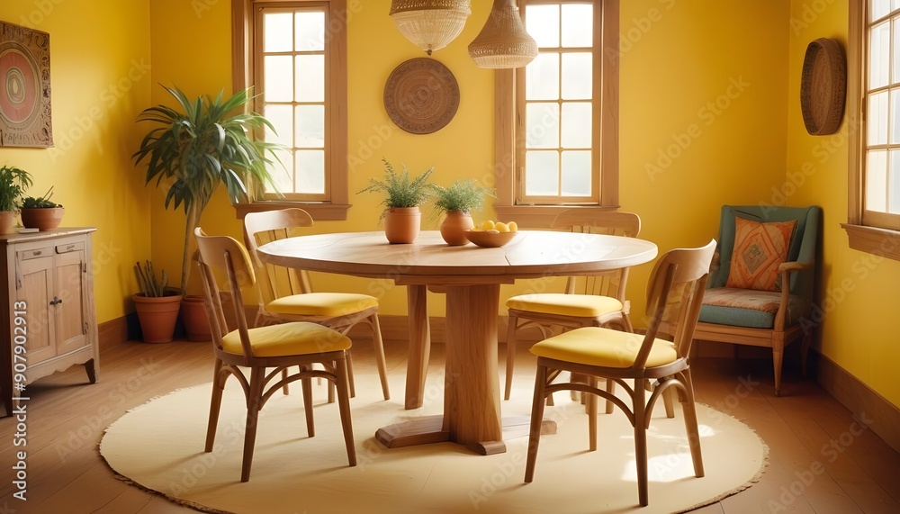 A round dining table and chairs adorn a vibrant yellow room, creating a bohemian interior design in the modern dining room A round dining table and chairs adorn a vibrant yellow room, creating a bohemian interior design in the modern dining room