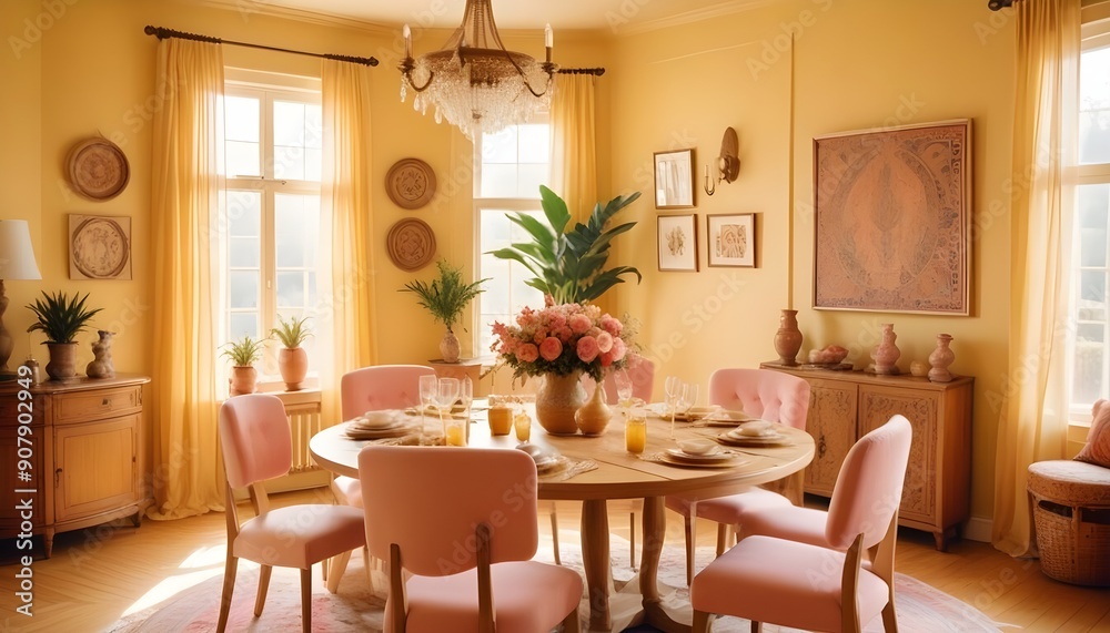 A round dining table and chairs adorn a vibrant yellow room, creating a bohemian interior design in the modern dining room A round dining table and chairs adorn a vibrant yellow room, creating a bohemian interior design in the modern dining room