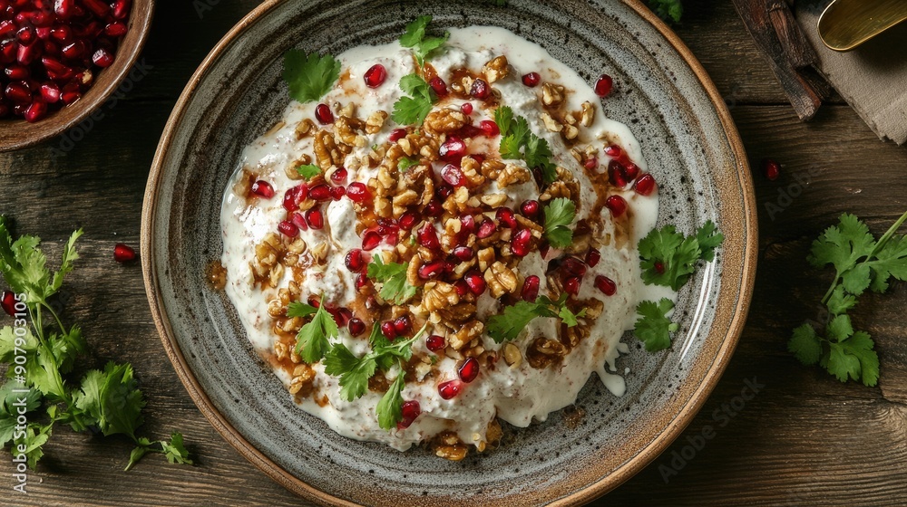 A plate of Mexican chiles en nogada with walnut sauce and pomegranate seeds, shot from above. A plate of Mexican chiles en nogada with walnut sauce and pomegranate seeds, shot from above.