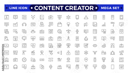 Content creator icon set. Modern thin line style of love social media related icons: passion, creator, celebrity, and more. Pictograms and infographics for mobile