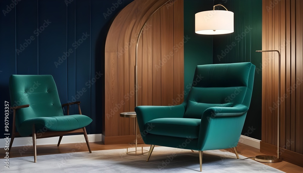 A recliner chair and a floor lamp are placed near a wooden blocks paneling wall, creating a cozy corner in the modern living room
