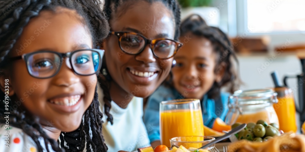 Beautiful family eating breakfast at a kitchen table, bonding and ritual. Home brunch, nutrition, or kids with parents at home with fruit Beautiful family eating breakfast at a kitchen table, bonding and ritual. Home brunch, nutrition, or kids with parents at home with fruit