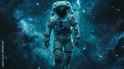 A lone astronaut drifting through empty space the breathtaking scene captured techniques A 3D cartoon figure dressed like an astronaut and floating weightlessly in space