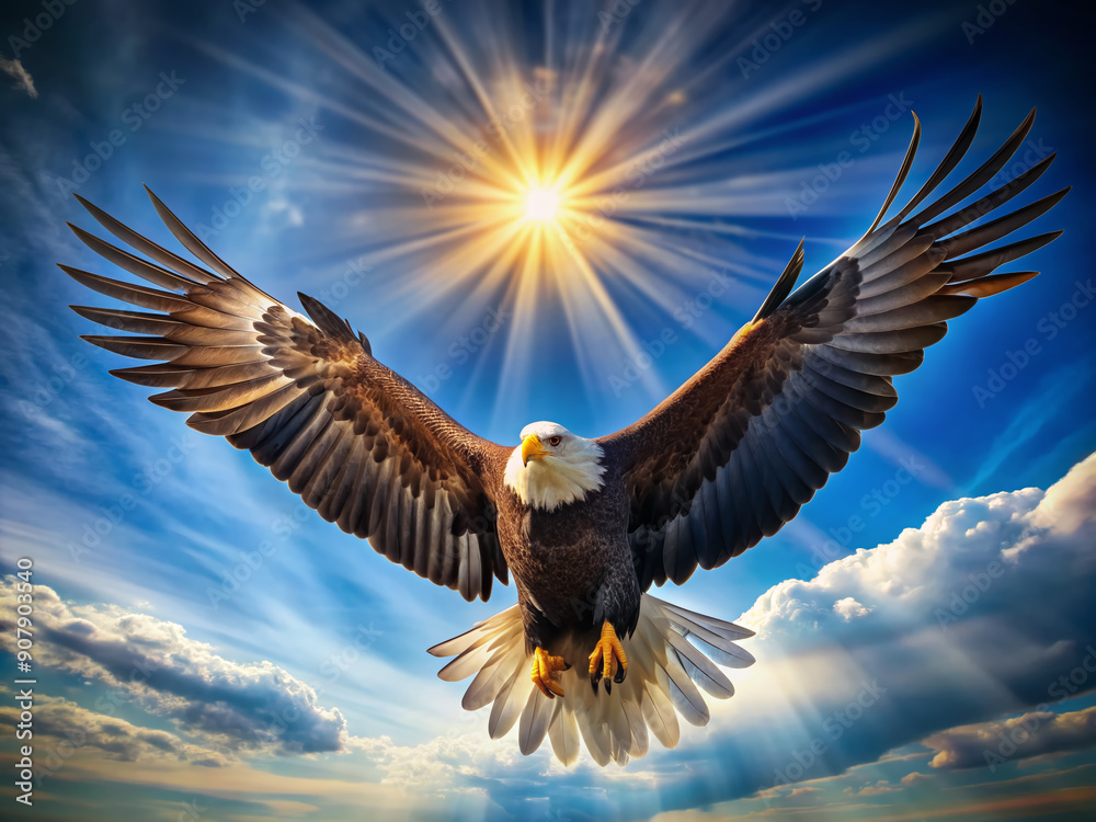 Majestic bald eagle spreads its massive wings, gliding effortlessly against a vibrant blue sky, its feathers glistening in the sunlight, emphasizing its powerful and regal presence. Majestic bald eagle spreads its massive wings, gliding effortlessly against a vibrant blue sky, its feathers glistening in the sunlight, emphasizing its powerful and regal presence.