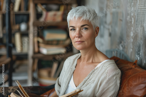 Reading Beautiful beautiful mature middle-aged woman 60 years old with healthy skin.