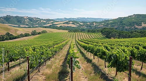 A scenic vineyard with rows of grapevines stretching into the distance, the leaves showing signs of heat stress under the intense sun.