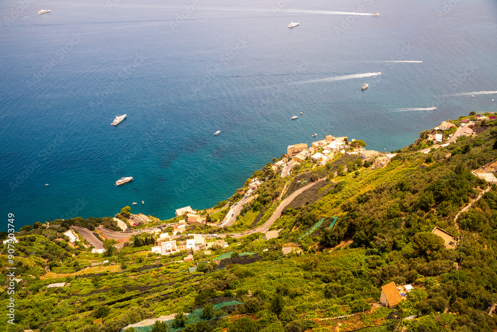 Aerial View of Coastal Village with Boats in Blue Sea, Terrace of Infinity, Gardens of Villa Cimbrone villa in ravello