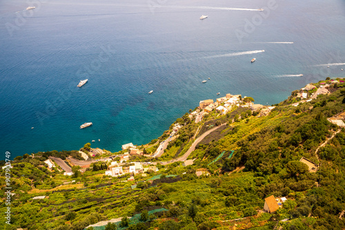 Obraz na płótnie Aerial View of Coastal Village with Boats in Blue Sea, Terrace of Infinity, Gardens of Villa Cimbrone villa in ravello w salonie
