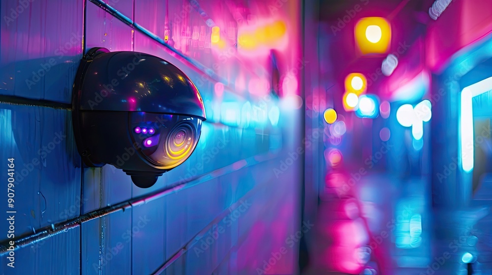 Fototapeta premium Colorful AI Powered Security Camera on City Wall Ensuring Continuous Monitoring and Safety During Night
