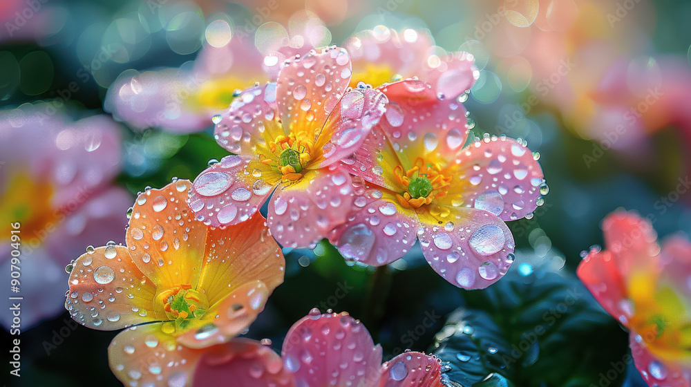 Close-up of pink flowers with water droplets glistening in sunlight, on a blurred natural background. Concept of freshness and beauty of nature Close-up of pink flowers with water droplets glistening in sunlight, on a blurred natural background. Concept of freshness and beauty of nature