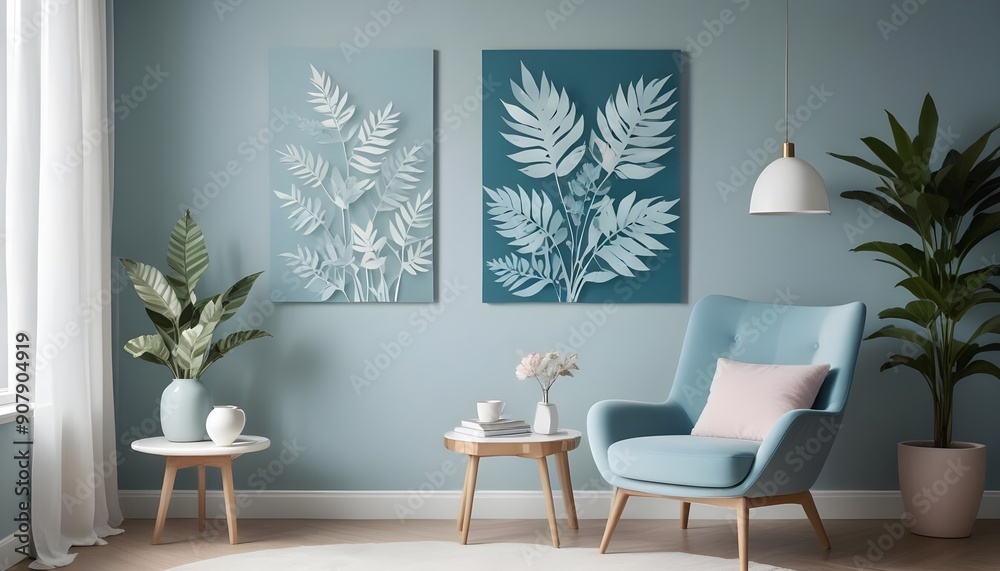 An abstract paper cut floral poster graces the white wall beside a recliner chair in the interior design of a modern living room An abstract paper cut floral poster graces the white wall beside a recliner chair in the interior design of a modern living room